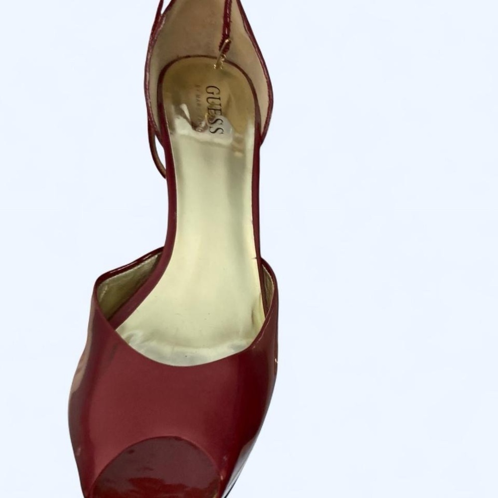 Guess Women's Burgundy Peep Toe Heels with faux steel trim 9 1/2
